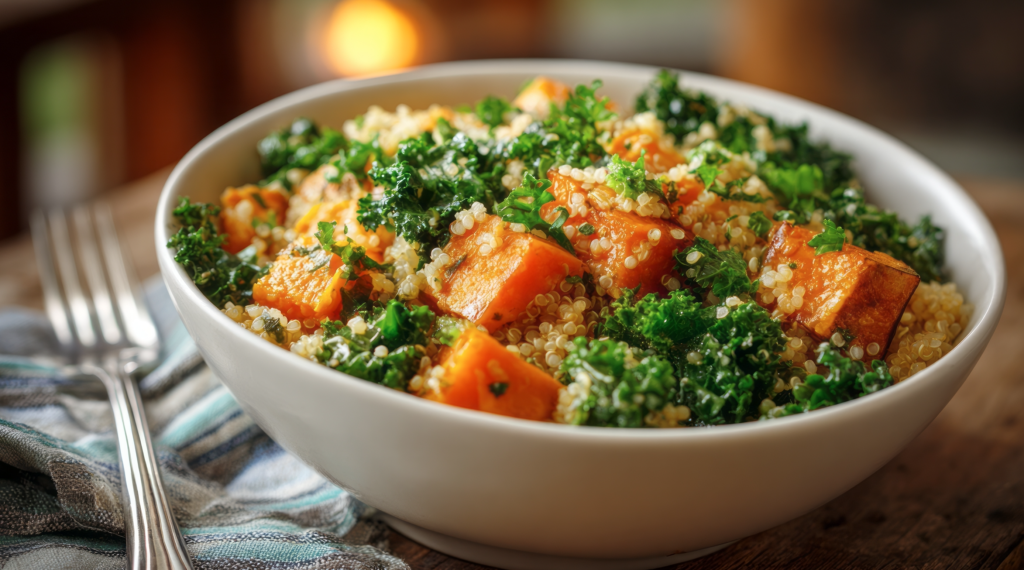 quinoa, sweet potato and kale salad in a bowl